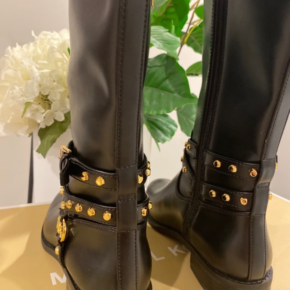 NEW Michael Kors Women Knee High Boots Preston Size US 7M Black Leather & Gold - Picture 6 of 7